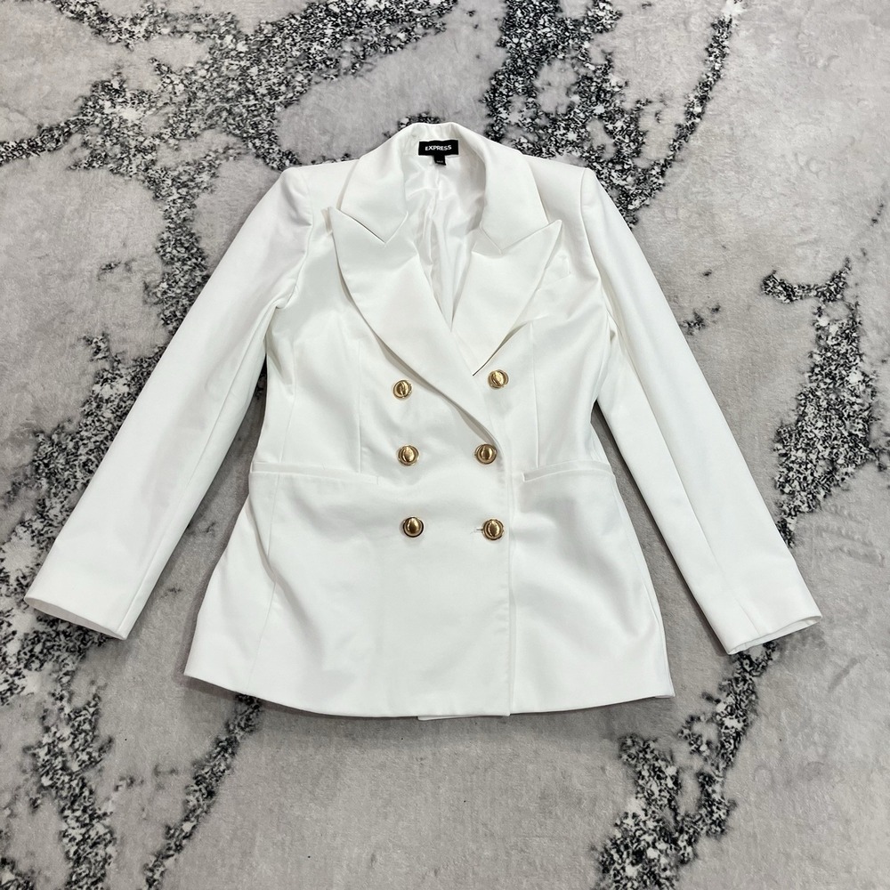 Express White Double Breasted Gold Button Blazer Jacket Women's Size Small